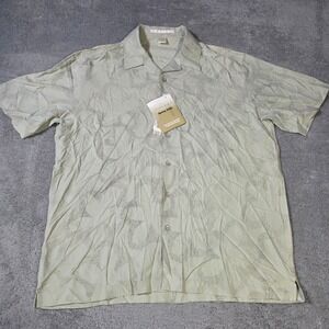 Perry Ellis Mens Large Shirt Sage Green Silk Y2K‎ Geometric Camp Collar MK2150